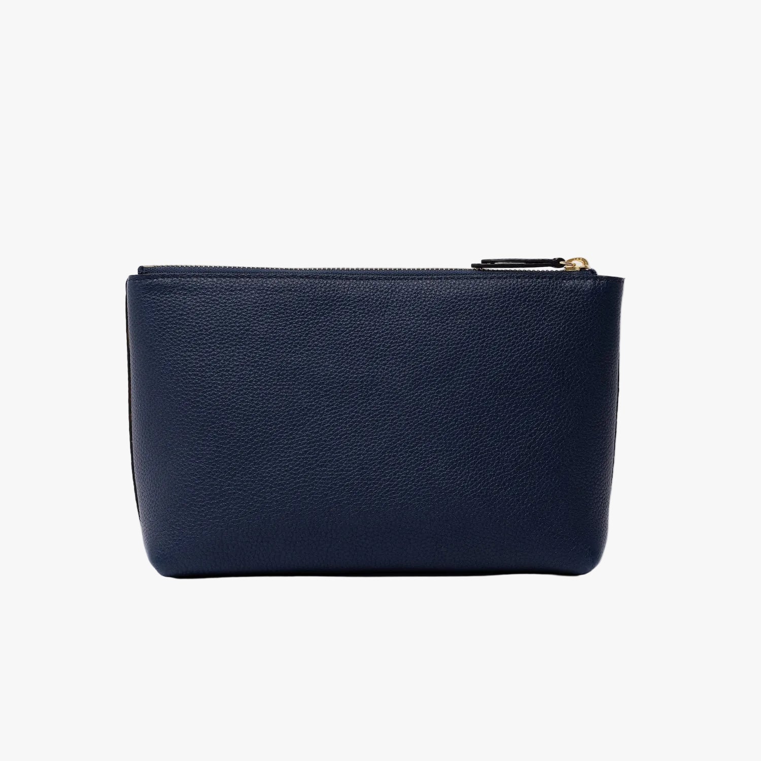 Back panel of STOW London's travel pouch in Navy pebbled leather on a light grey background featuring a YKK zip 