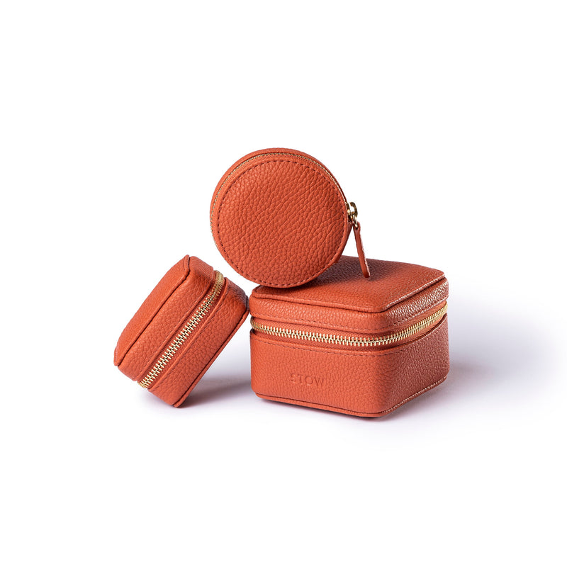 STOW Hester, Pocket Case and Ring Box in Clay Orange together.