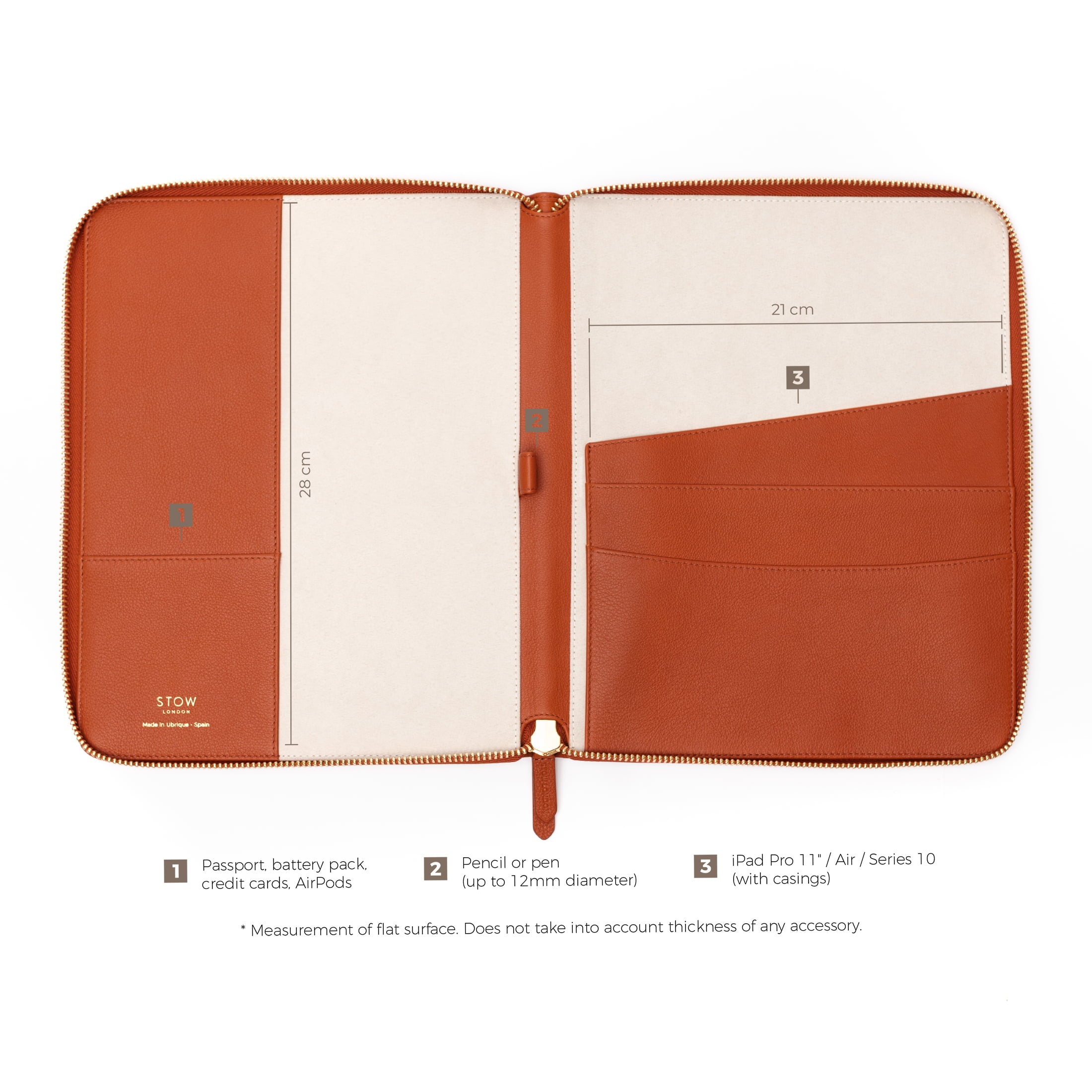 STOW London World Class Folio in Clay Orange with measurements.