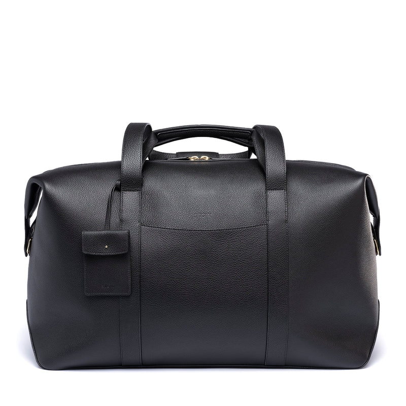 STOW London Multi Tag in Black leather hanging from Weekend Bag in Black leather