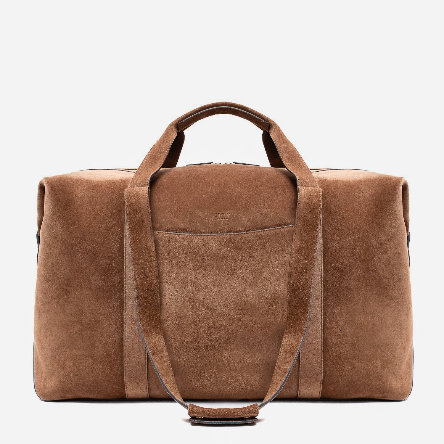 STOW London's Weekend bag in Chocolate suede leather on a light grey background