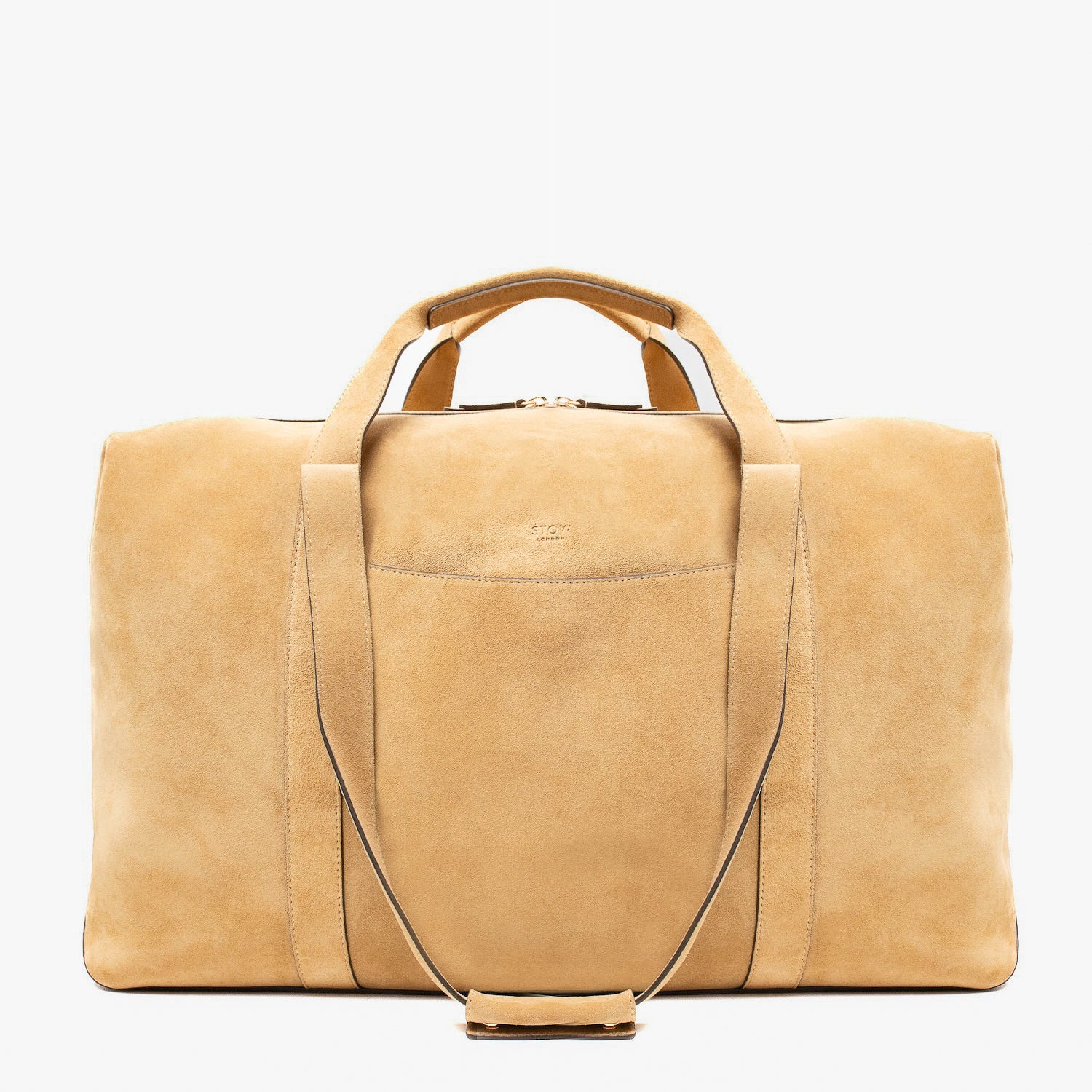STOW London's Weekend bag in Soft Sand suede leather on a light grey background