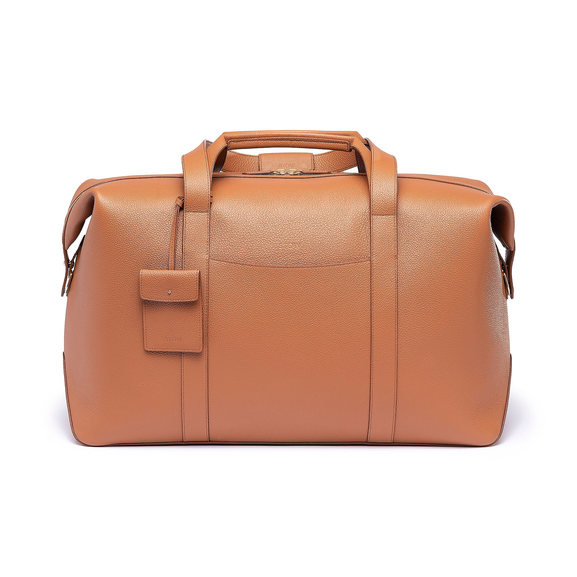 STOW Leather Weekend Bag in Earth Tan pebbled leather.