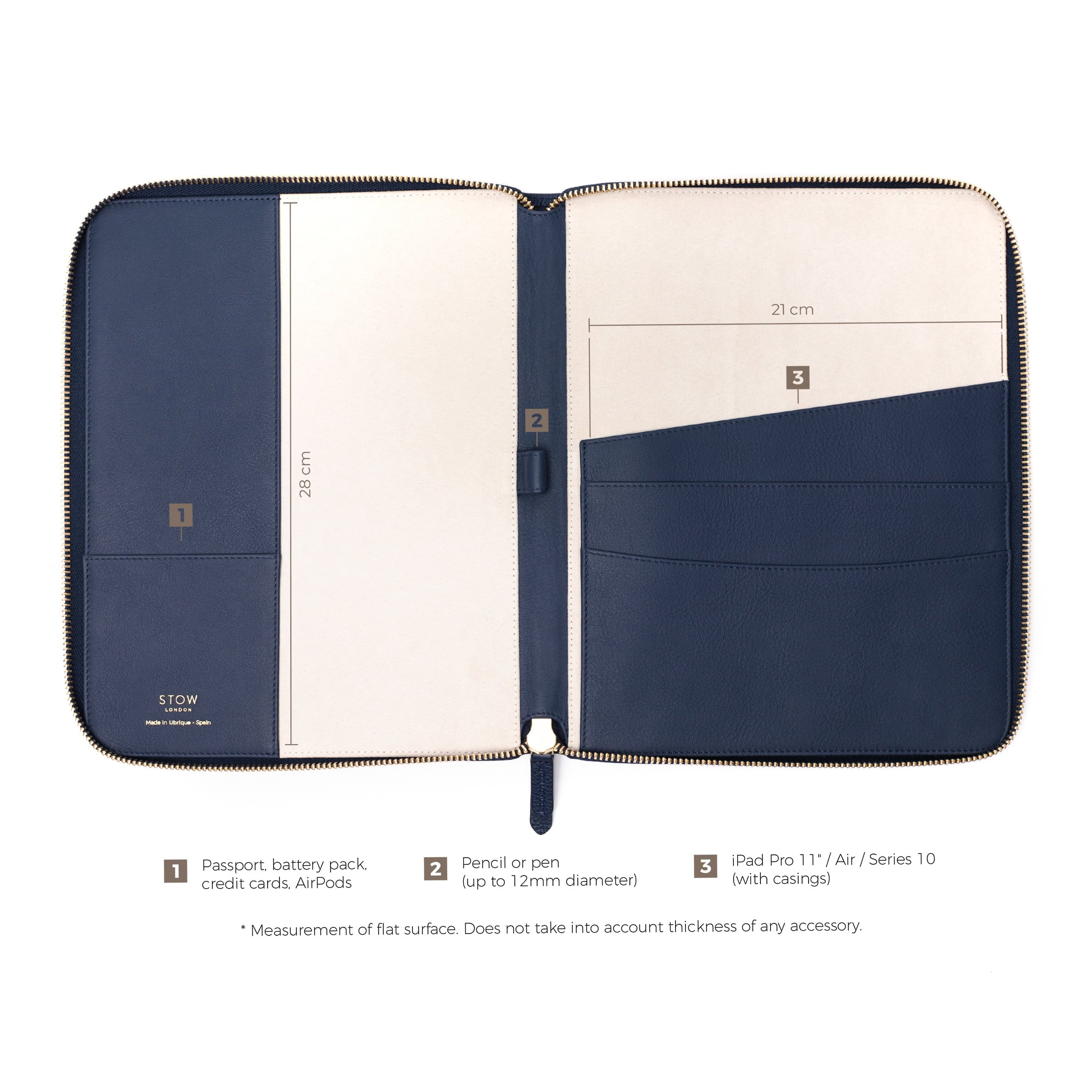 STOW London World Class Folio in Navy leather with measurements