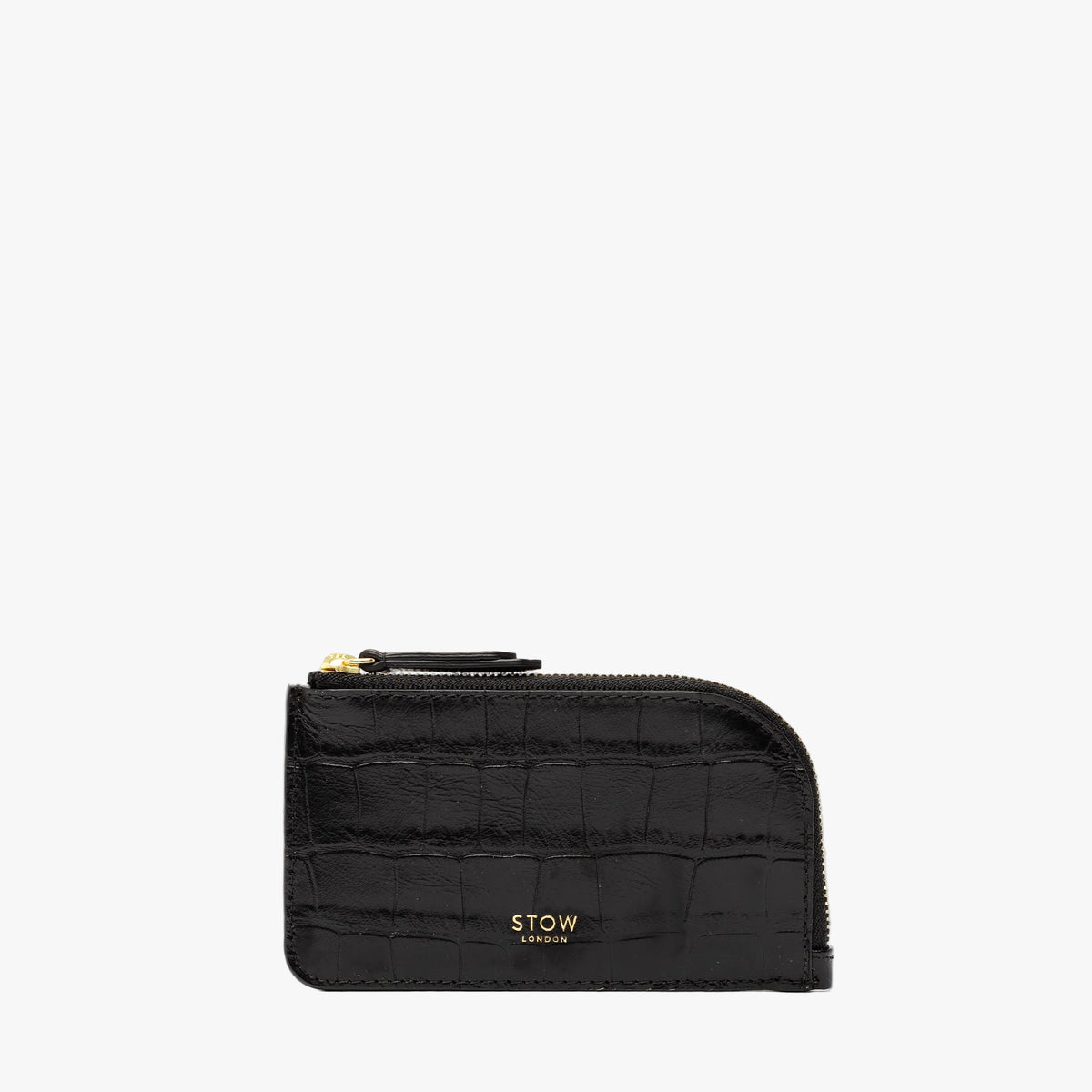 STOW London's Zip Wallet in Black Embossed Croc leather on a light grey background featuring a fine gold embossed logo and YKK Natulon zipper