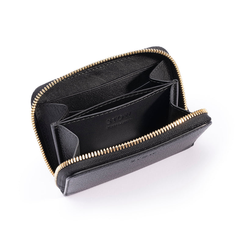 STOW Leather Zip Wallet in Black pebbled leather showing inside.