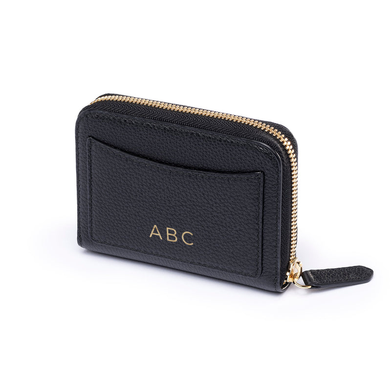 STOW Leather Zip Wallet in Black pebbled leather with personalised initials on back.