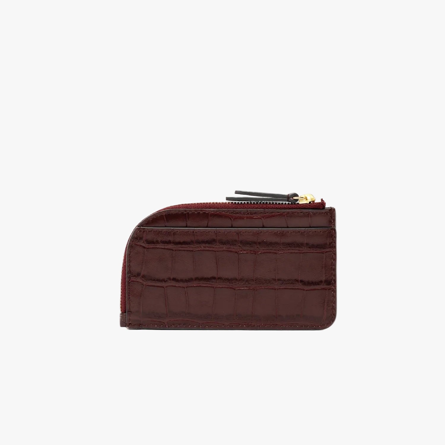 Back panel of STOW London's Zip Wallet in Burgundy Embossed Croc leather on a light grey background featuring a fine gold embossed logo and YKK Natulon zipper