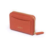 STOW Leather Zip Wallet in Clay Orange pebbled leather with personalised initials on back.