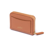 STOW Leather Zip Wallet in Earth Tan pebbled leather with personalised initials on back.