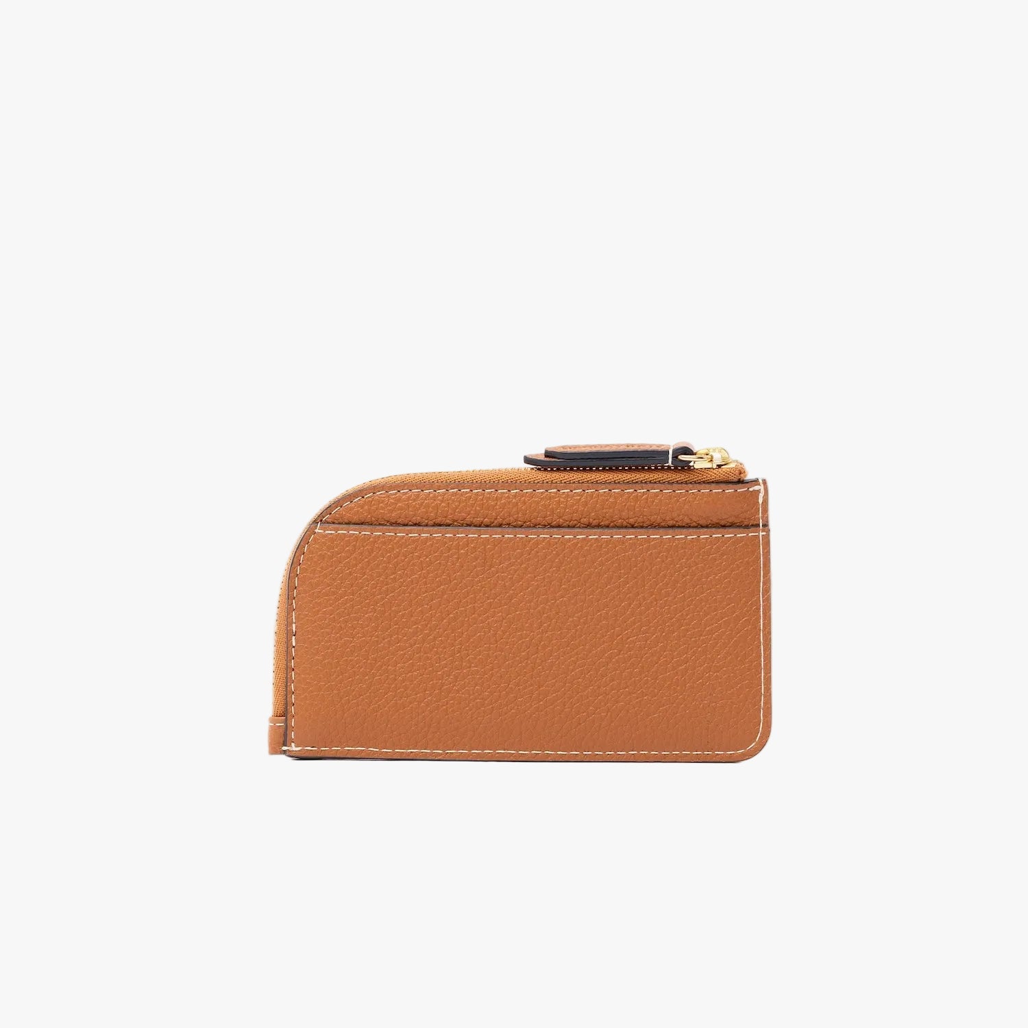 Back panel of STOW London's Zip Wallet in Earth Tan pebbled leather on a light grey background featuring a YKK Natulon zipper and the rear slip pocket