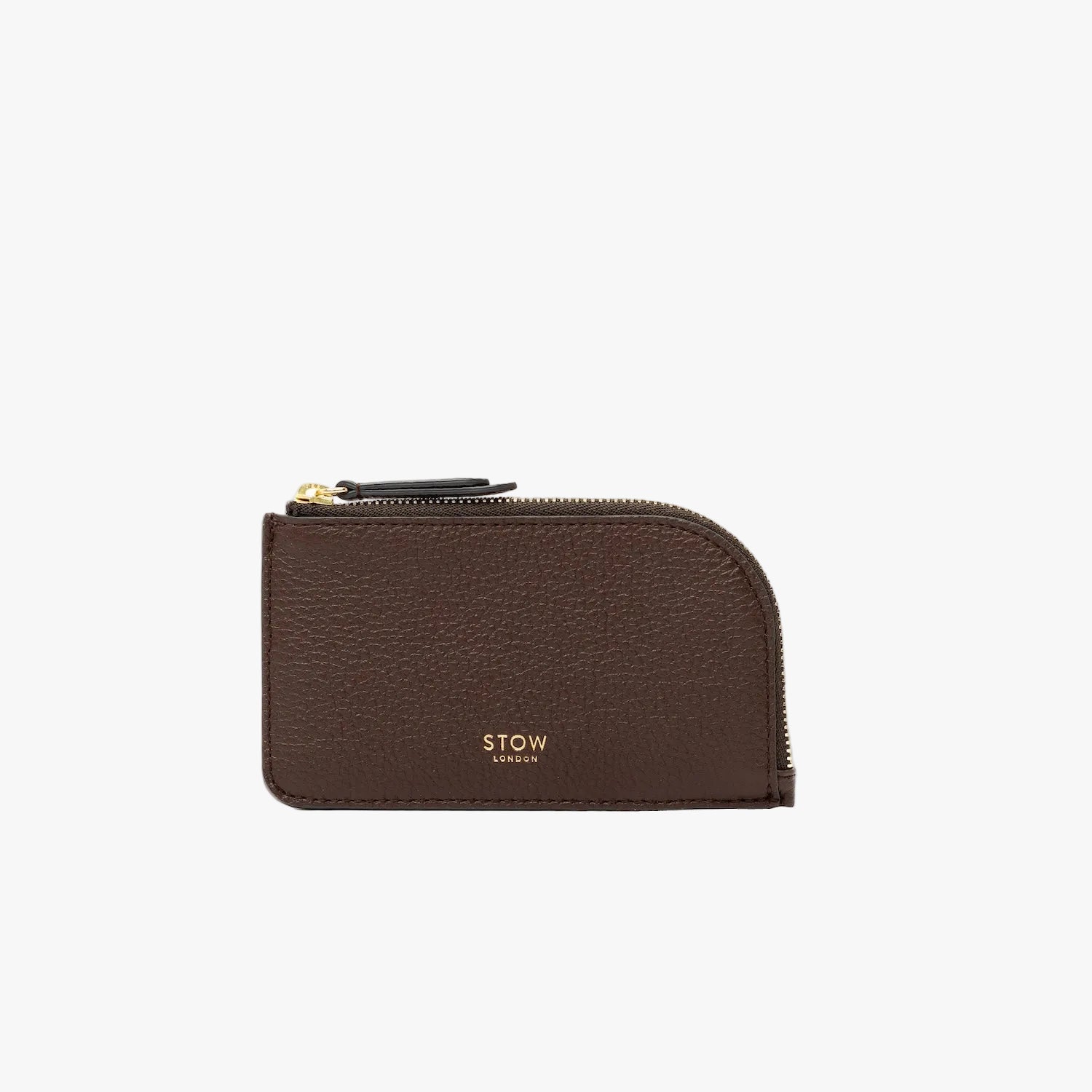 STOW London's Zip Wallet in Espresso pebbled leather on a light grey background featuring a fine gold embossed logo and YKK Natulon zipper