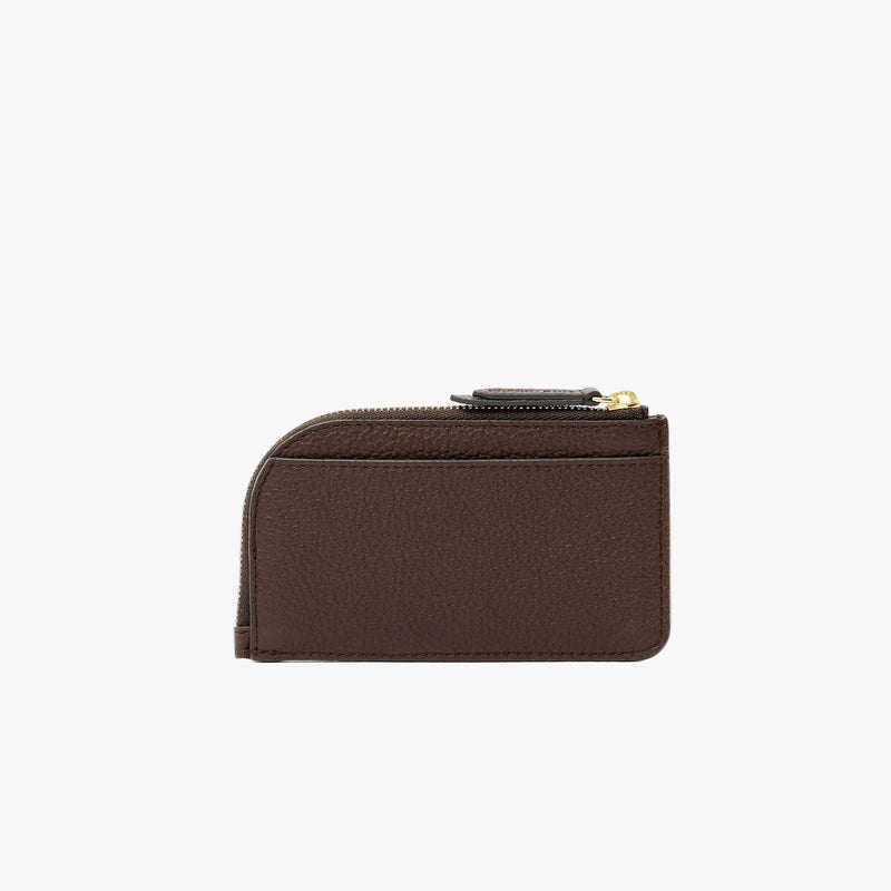 Back panel of STOW London's Zip Wallet in Espresso pebbled leather on a light grey background featuring a YKK Natulon zipper and the rear slip pocket