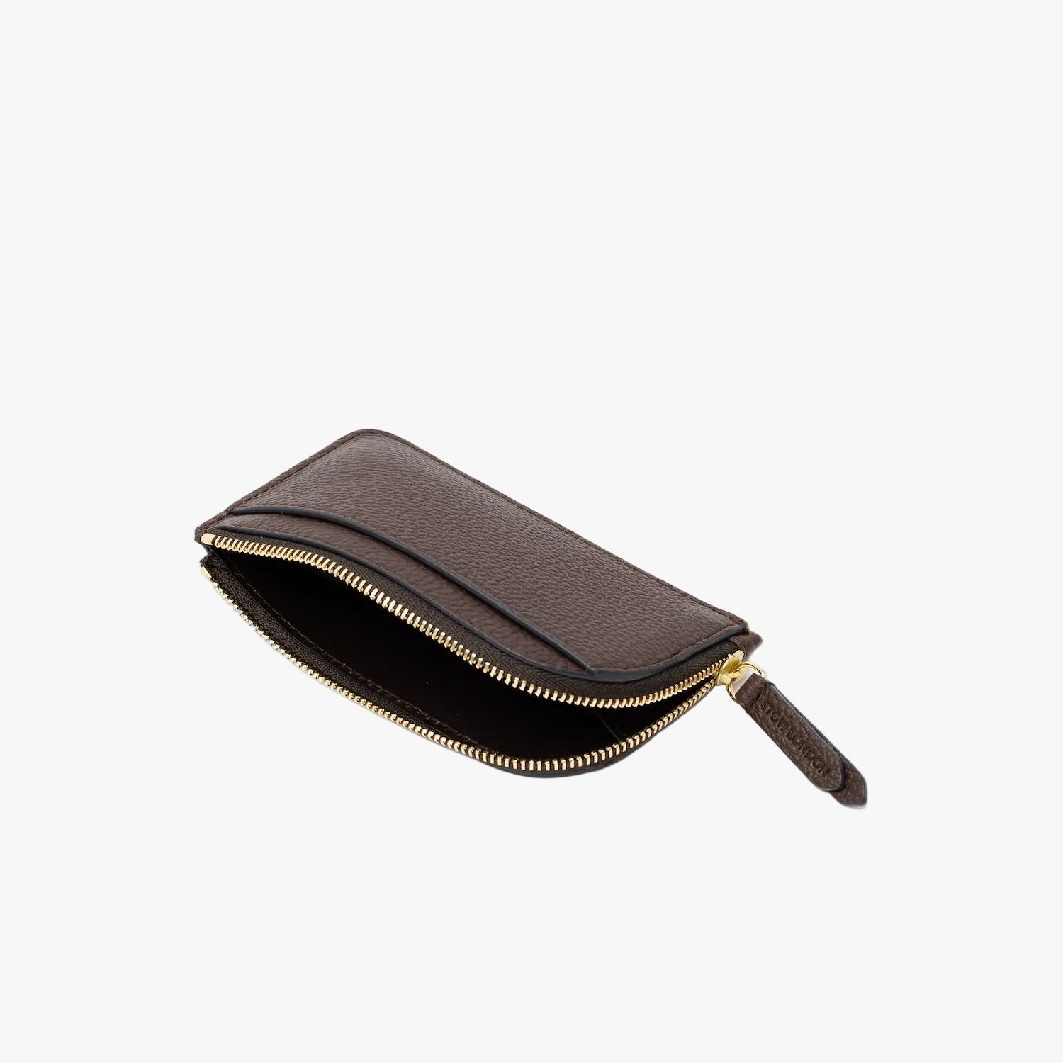 Top view of STOW London's Zip Wallet in Espresso pebbled leather on a light grey background with the zipper open showing interior 