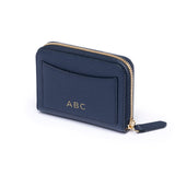 STOW Leather Zip Wallet in Navy pebbled leather with personalised initials on back.
