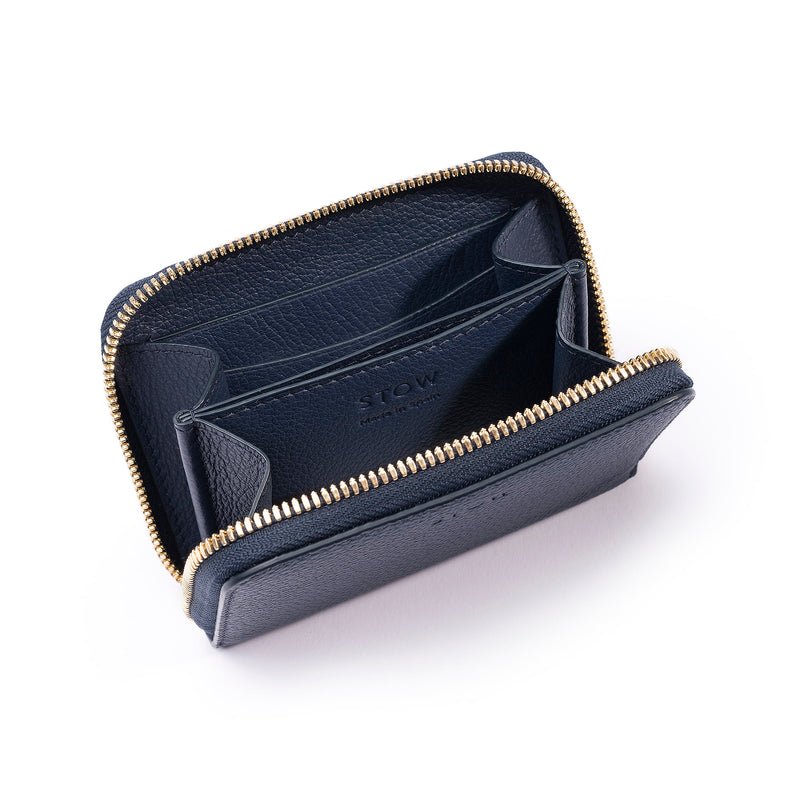 STOW Leather Zip Wallet in Navy pebbled leather showing inside.