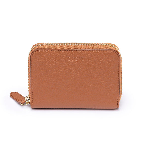 STOW Leather Zip Wallet in Earth Tan pebbled leather.